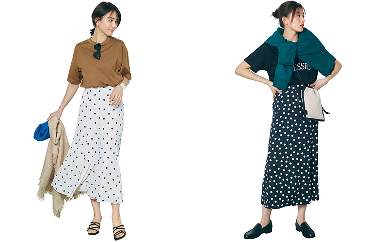 ドット柄スカートは、「広がりすぎないシルエット」が大人かわいいの決め手！ | Oggi.jp