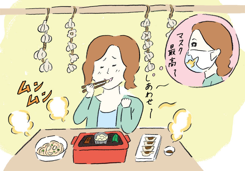 ニンニクを食べるOLのイラスト