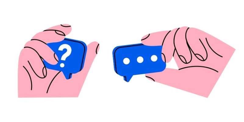 はてなマークと…マークの吹き出しを持っている手元のイラスト