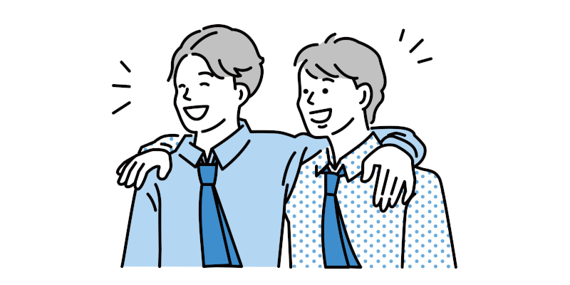 腕を組んで笑い合う若いビジネスマン二人のイラスト
