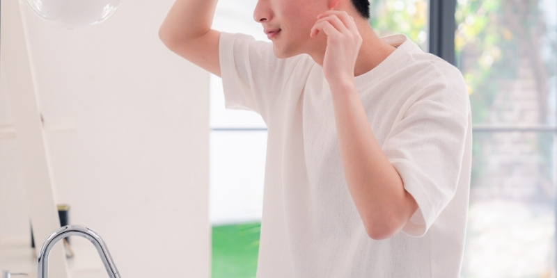 身だしなみを整える女性の写真