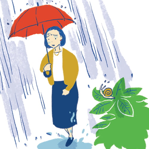 雨の中で傘をさす女性のイラスト