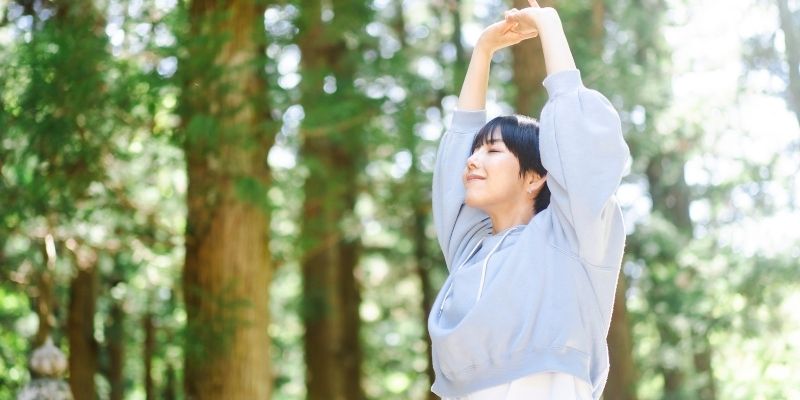 森林浴でけのびをしている女性の写真