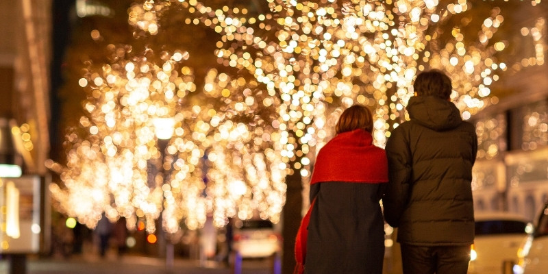 イルミネーションを見ながら並んで歩く男女の後姿の写真