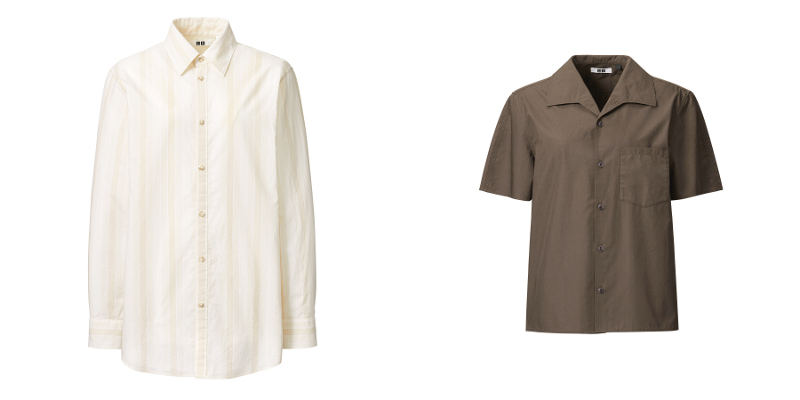 （左から）リラックスストライプロングシャツ（長袖）￥3,990、ワイドカラーシャツ（半袖）￥2,990