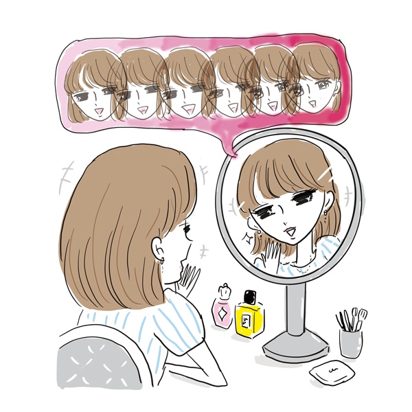 鏡を見ながら笑顔を作る女性 イラスト