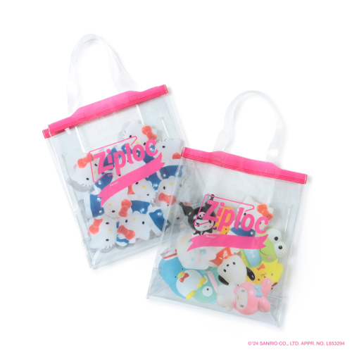 ▲Ziploc®Ribbon サンリオキャラクターズの袋詰めLOGO BAG￥6,380（tax in）
color：HELLO KITTY、sanrio characters（ハローキティ、クロミ、KIRIMIちゃん.、シナモロール、ポチャッコ、けろけろけろっぴ、ポムポムプリン、タキシードサム、ハンギョドン、マイメロディ）