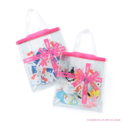 ▲Ziploc®Ribbon サンリオキャラクターズの袋詰めラッピングBAG￥6,380
color：HELLO KITTY、sanrio characters（ハローキティ、クロミ、KIRIMIちゃん.、シナモロール、ポチャッコ、けろけろけろっぴ、ポムポムプリン、タキシードサム、ハンギョドン、マイメロディ）