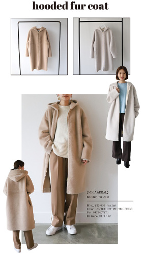 ▲フーデットファーコート￥39,600
カラー：OFF WHITE、L、BEIGE、GREIGE