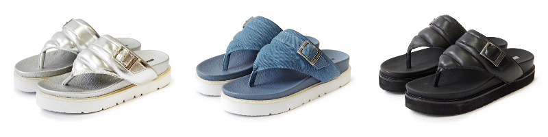 ▲プラットフォームパファートングサンダル 各¥16,500
カラー:シルバー、ブルー、ブラック