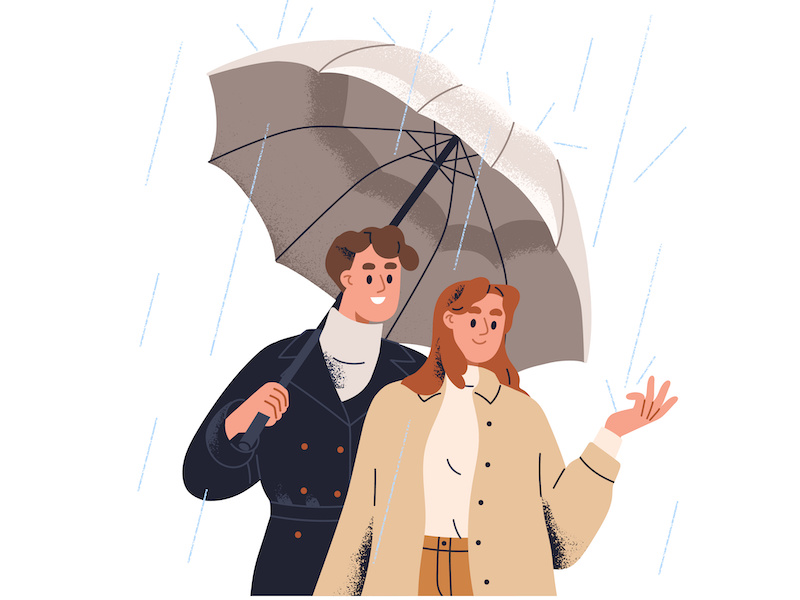 雨の中傘をさして一緒に入っている2人のイラスト