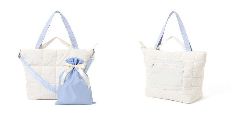 ▲ポップステッチキルト トラベルバッグ￥6,900
カラー：アイボリー/ライトグレー 