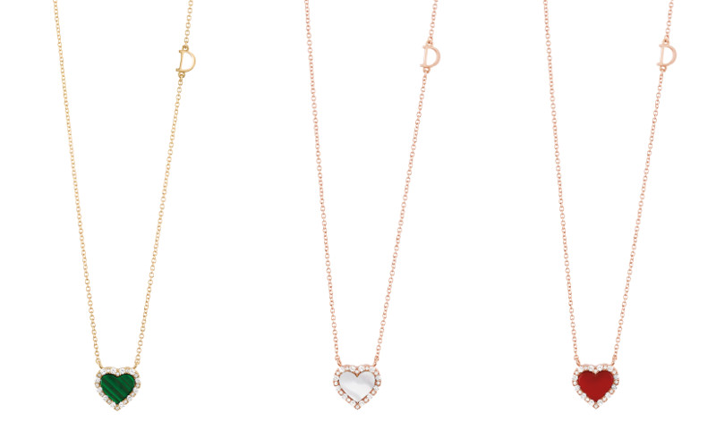 ▲(左から)YG×ダイヤモンド×マラカイト
PG×ダイヤモンド×マザーオブパール
PG×ダイヤモンド×カーネリアン 各¥477,400
(チェーン約40cm、トップ1×1cm)