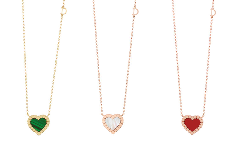 ▲(左から)YG×マラカイト
PG×マザーオブパール
PG×カーネリアン 各¥477,400
(チェーン約45cm、トップ1.5×1.5cm)