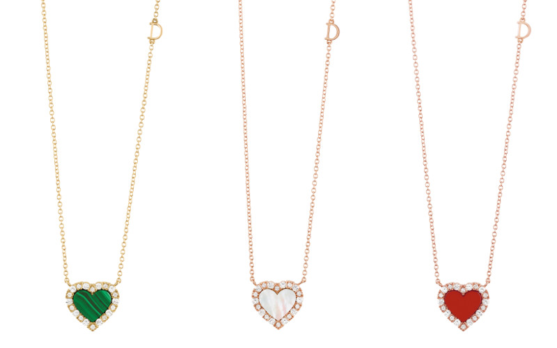 ▲(左から)YG×ダイヤモンド×マラカイト
PG×ダイヤモンド×マザーオブパール
PG×ダイヤモンド×カーネリアン 各¥642,400
(チェーン約45cm、トップ1.5×1.5cm)