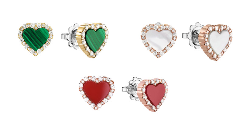 ▲(左から)YG×ダイヤモンド×マラカイト
PG×ダイヤモンド×マザーオブパール
PG×ダイヤモンド×カーネリアン 各¥576,400
(約1×1cm)