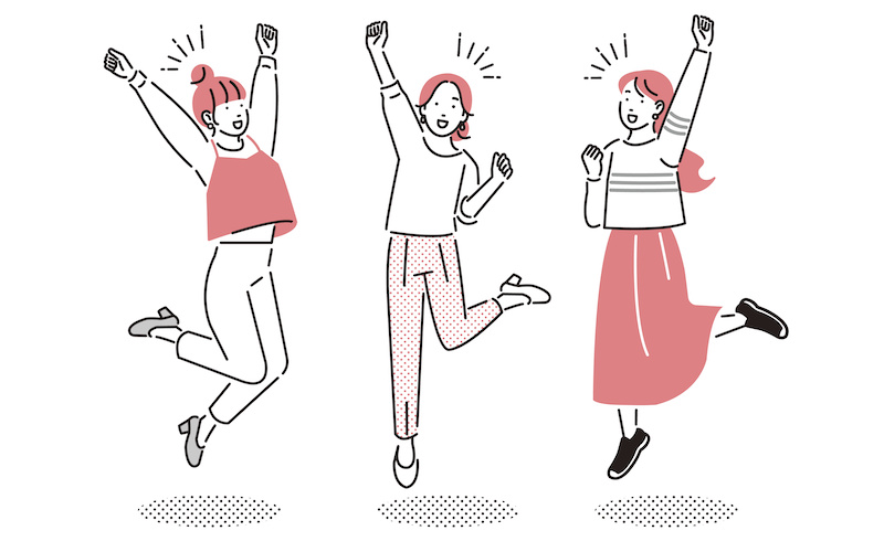 笑顔でジャンプする女性たちのイラスト