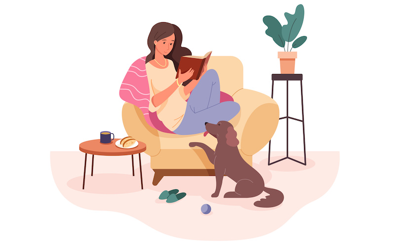 ソファに座って読書している人のイラスト