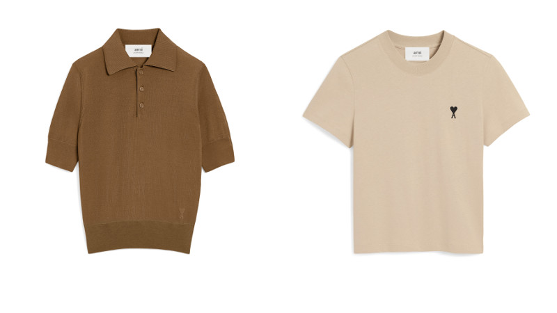 ブラウン コットン Ami de Coeur ポロ¥74,800、ベージュ コットン Ami de Coeur クロップド Tシャツ¥26,400