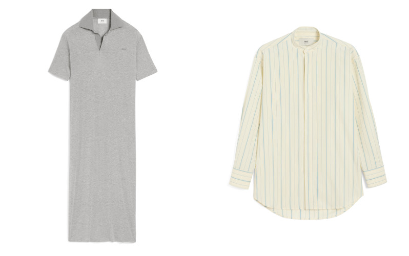 グレー コットン ショートスリーブ ポロ ロングドレス¥99,000、ベージュ コットン Ami de Coeur ボクシー フィット ストライプ シャツ¥67,100