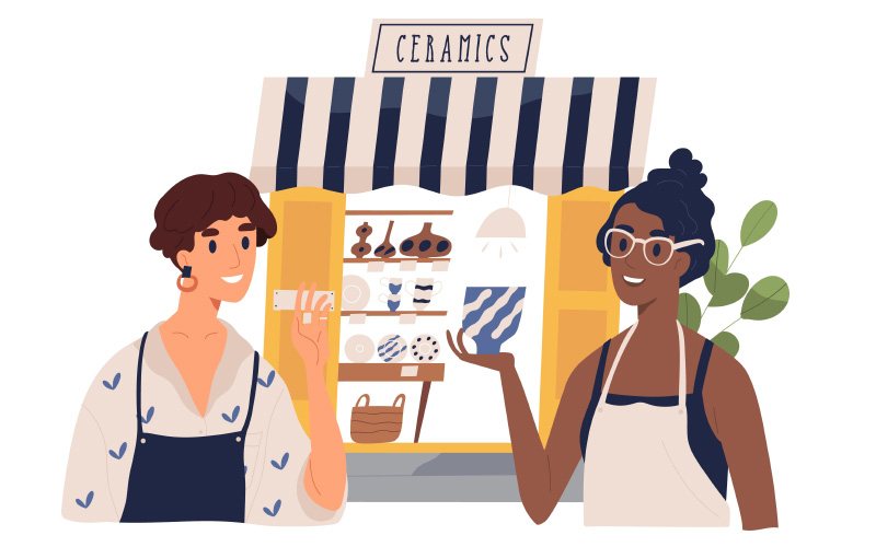 お店の前で商品を持っている人、説明している店員のイラスト