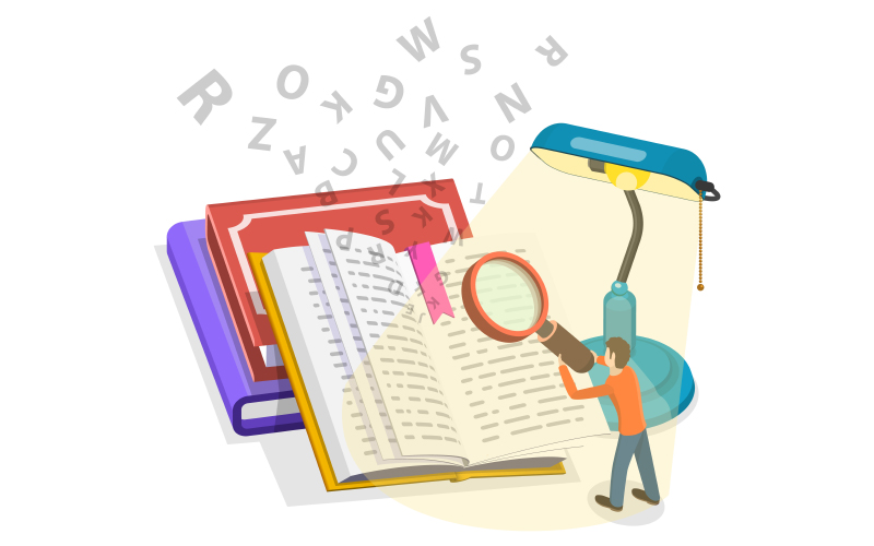 辞書を虫眼鏡で見ている人のイラスト