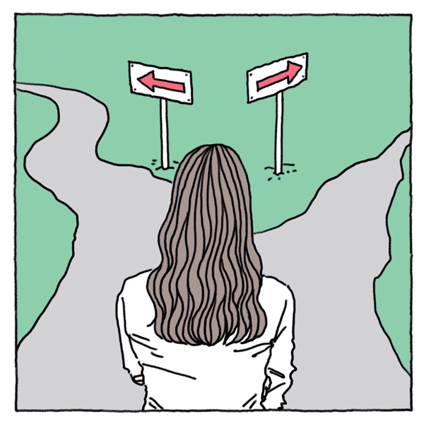 分岐点に立つ女性のイラスト