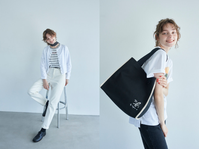 カーディガン、Tシャツ、パンツのコーディネート
バッグ着用画像