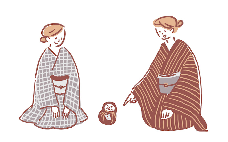 だるまと着物姿の女性二人のイラスト