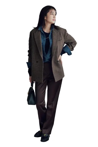 ブラウンチェックジャケット×デニムシャツ×パンツコーデ