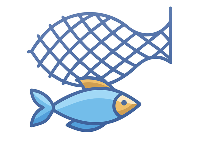 網と魚のイラスト