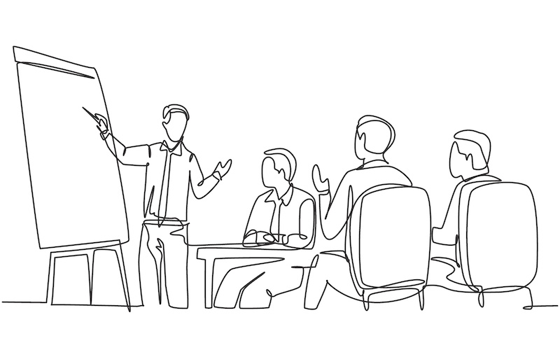 会議している人たちの線画イラスト