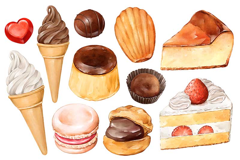 ケーキやアイス、焼き菓子、プリンなどのイラスト