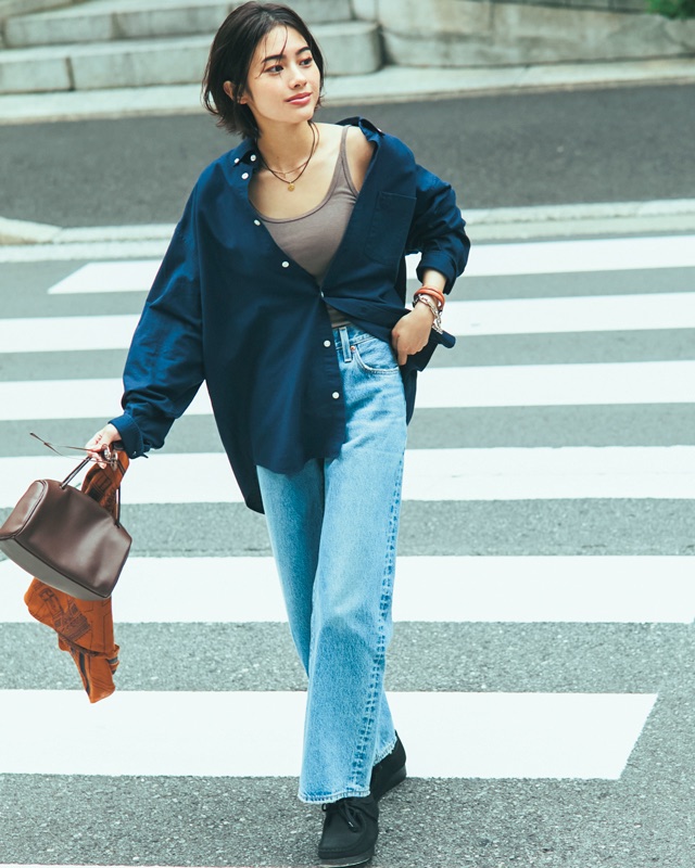 オーバーサイズシャツ×デニムパンツ