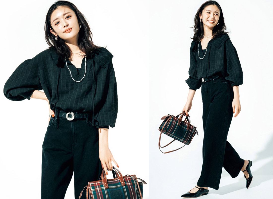 チェック柄ブラウス×黒パンツコーデ