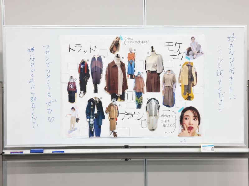 コーデの写真が貼られたホワイトボード