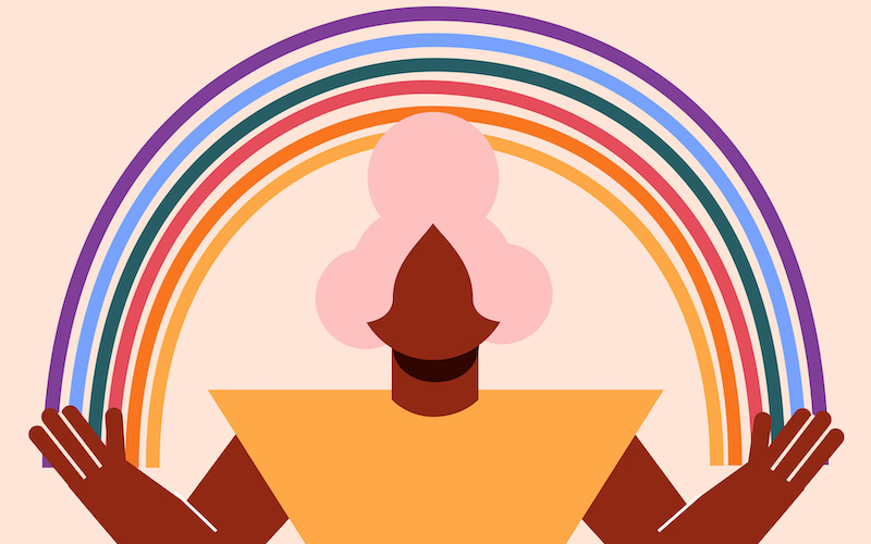 手を広げている人と虹の背景のイラスト