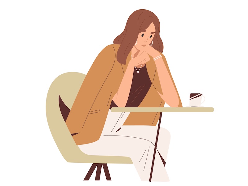 カフェのテーブルで思い悩んでいる人のイラスト