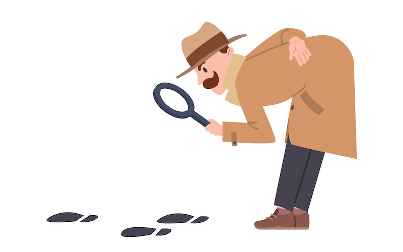 足跡を虫眼鏡で見ている人のイラスト