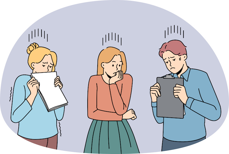 書類を持って落ち込んでいる人のイラスト