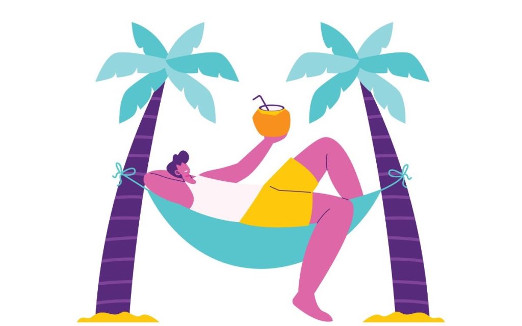 ハンモックに乗ってココナツジュースを持っている人のイラスト