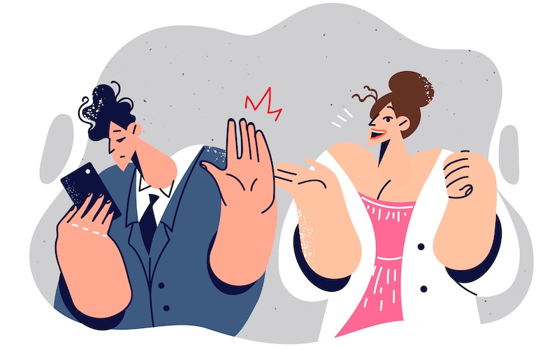 話しかけている人ととスマホを見ている人のイラスト