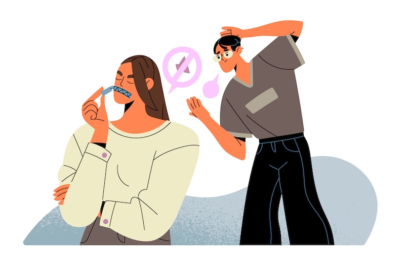 口を紡いでいる人と困った様子の人のイラスト