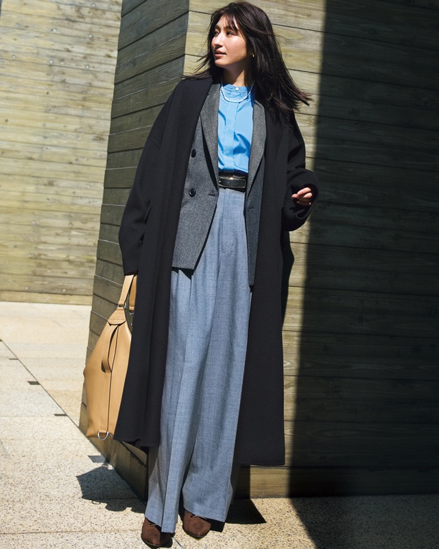 ロングコート×ジャケット×ワイドパンツ