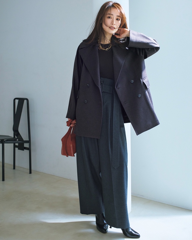 ジャケット型カシミアコート×ハイウエストパンツ