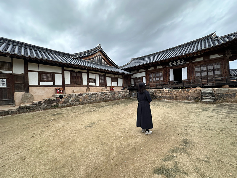 建物を眺める人の後姿の写真