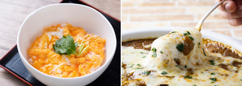 蘭王のたまご丼の写真と焼きカレーの写真を並べた画像