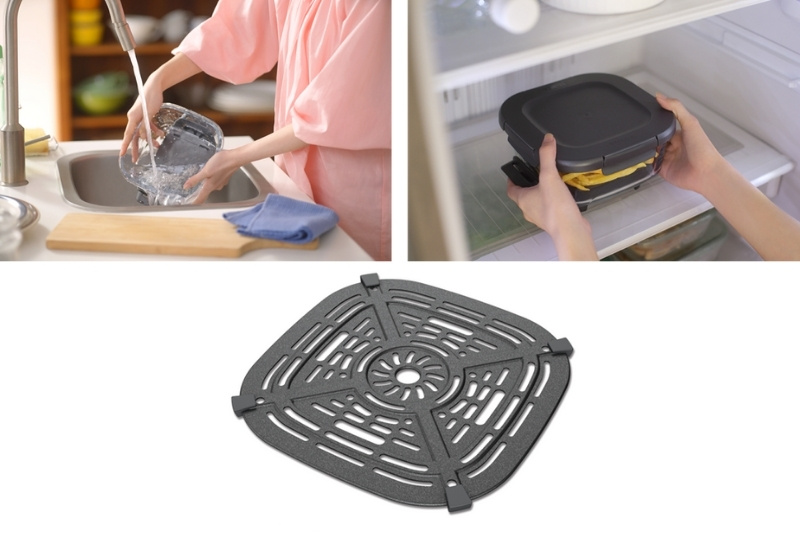 コンテナを洗う様子と蓋をして冷蔵庫へしまう様子の写真とプレートの写真を並べた画像