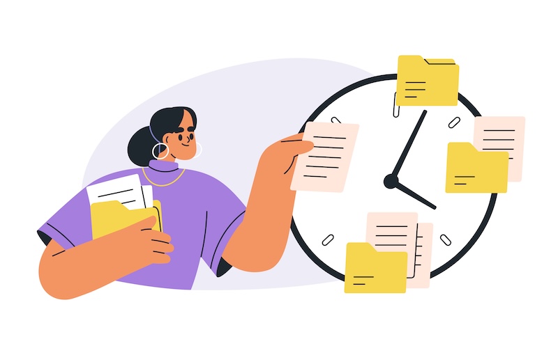 時間を見ながらファイル管理している人のイラスト