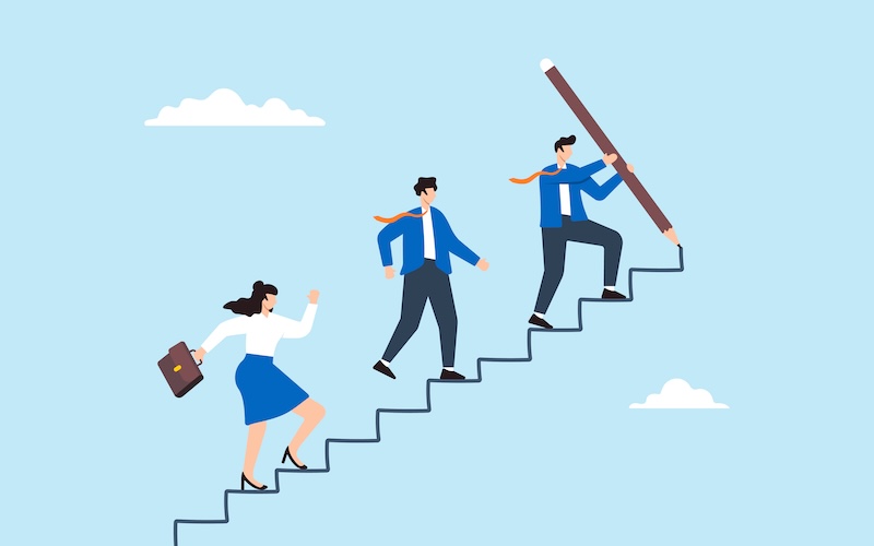 鉛筆で描いた階段を上がっているビジネスパーソンたちのイラスト